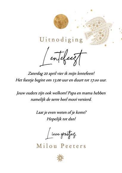 Stijlvolle uitnodiging lentefeest duiven goud 3