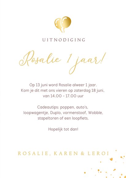 Stijlvolle uitnodiging met foto - eerste verjaardag meisje 3