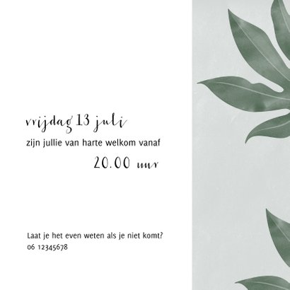 Stijlvolle uitnodiging met foto en tropische bladeren 3