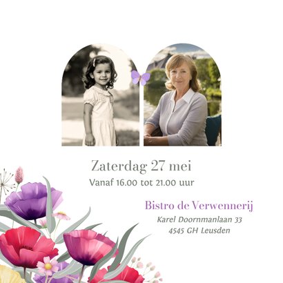 Stijlvolle uitnodiging met kleurrijke klaprozen en vlinder 2