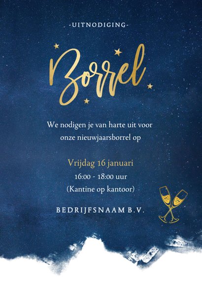 Stijlvolle uitnodiging nieuwjaarsborrel met sterren en goud 3