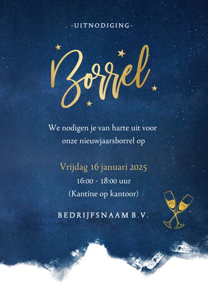Stijlvolle uitnodiging nieuwjaarsborrel met sterren en goud 3