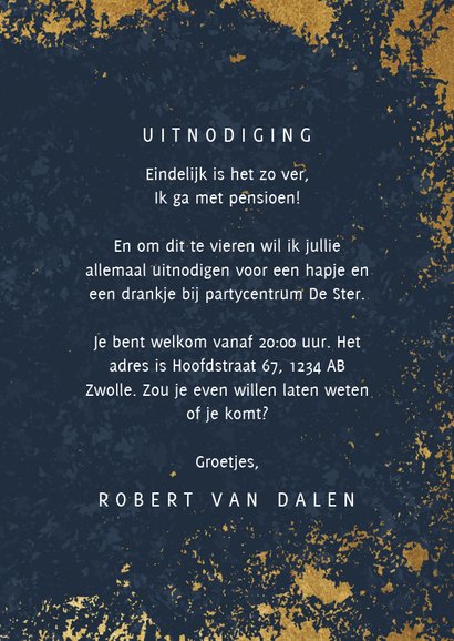 Stijlvolle uitnodiging pensioen feest gouden kader en foto 3