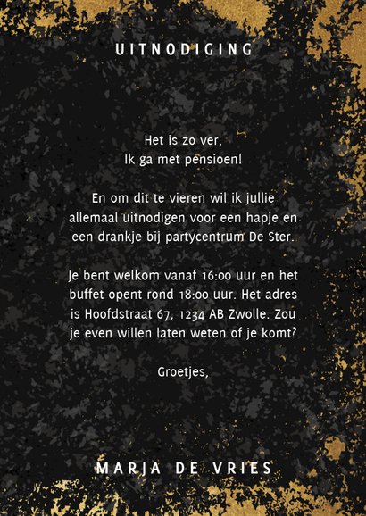 Stijlvolle uitnodiging pensioen feest met gouden kader 3