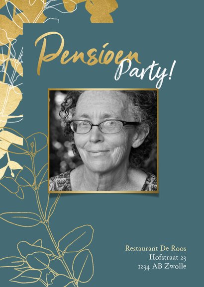 Stijlvolle uitnodiging pensioenfeest met gouden plantjes 2