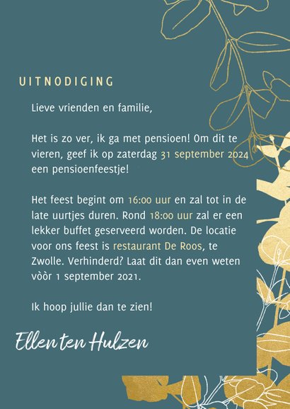 Stijlvolle uitnodiging pensioenfeest met gouden plantjes 3