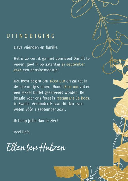 Stijlvolle uitnodiging pensioenfeest met gouden plantjes 3