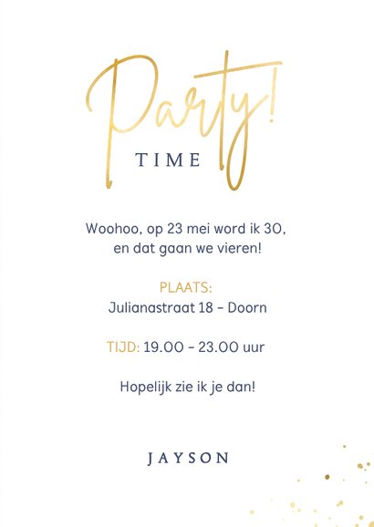 Stijlvolle uitnodiging verjaardags man met foto en spetters 3