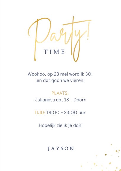 Stijlvolle uitnodiging verjaardags man met foto en spetters 3