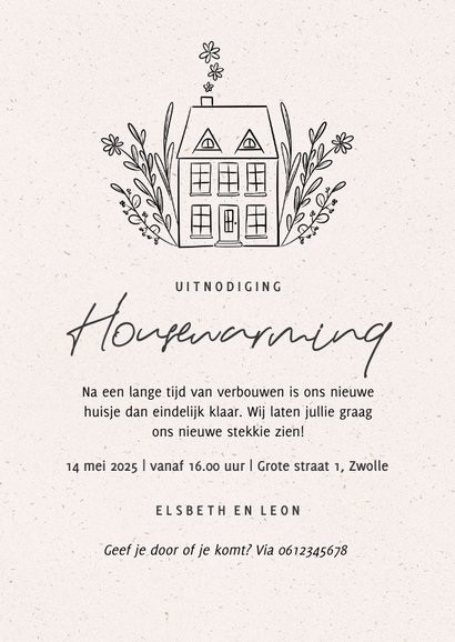 Stijlvolle uitnodiging voor een housewarming met huisje 3