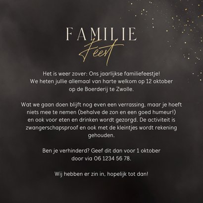 Stijlvolle uitnodiging zwart gouden spetters familiefeest 3