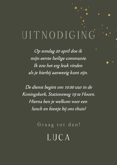 Stijlvolle uitnodigingskaart eerst communie duiven goud 3