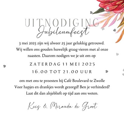 Stijlvolle uitnodigingskaart jubileum 25 jaar zilver bloemen 3