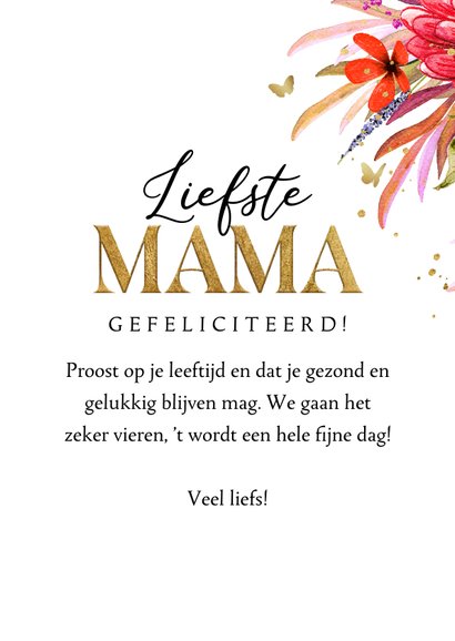 Stijlvolle verjaardagskaart Liefste Mama bloemen foto goud  3