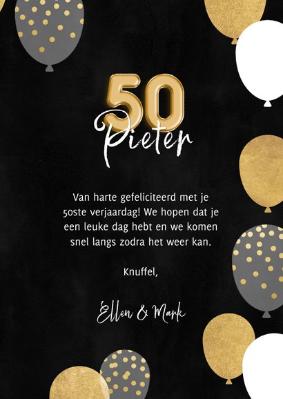 Stijlvolle verjaardagskaart man ballonnen, confetti en 50 3