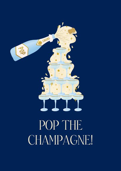 Stijlvolle verjaardagskaart met champagnetoren in blauw 2
