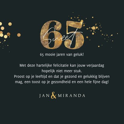 Stijlvolle verjaardagskaart 'Sweet 65' getal goud confetti 3