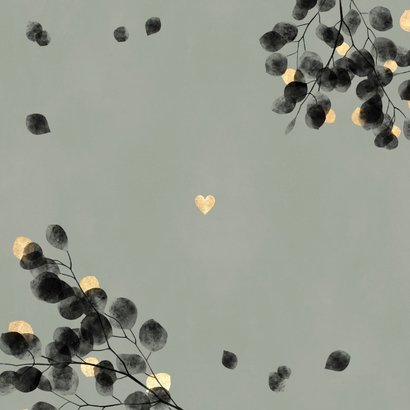 Stijlvolle verlovingskaart zwarte eucalyptus, gouden hartjes Achterkant