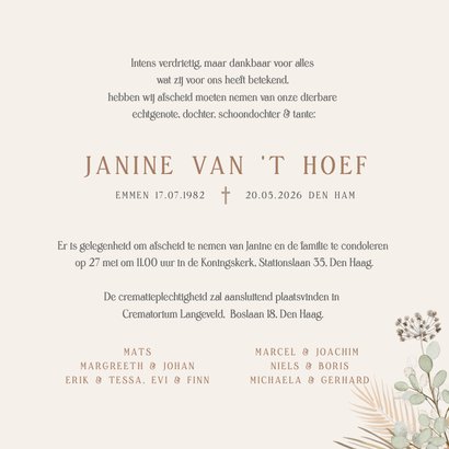 Stijlvolle vierkante rouwkaart met aquarel droogbloemen 3