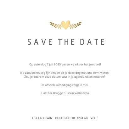 Stijlvolle witte Save the Date kaart met gouden duifjes 3