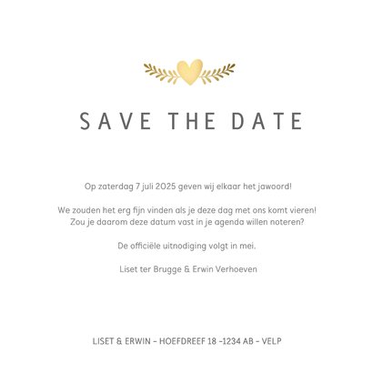 Stijlvolle witte Save the Date kaart met gouden duifjes  3