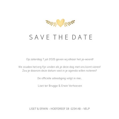 Stijlvolle witte Save the Date kaart met gouden duifjes 3