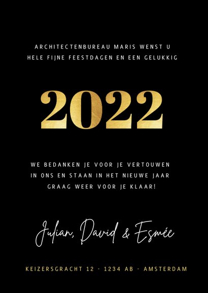 Stijlvolle zakelijke fotocollage kerstkaart met gouden 2022 3