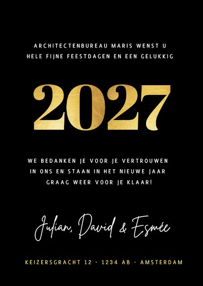 Stijlvolle zakelijke fotocollage kerstkaart met gouden 2027 3