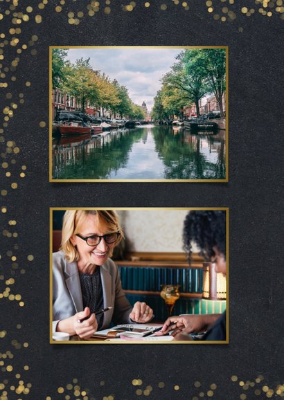 Stijlvolle zakelijke fotocollage kerstkaart met goudlook 2