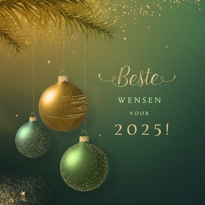 Stijlvolle zakelijke kerstkaart groen goud 3d kerstballen  2