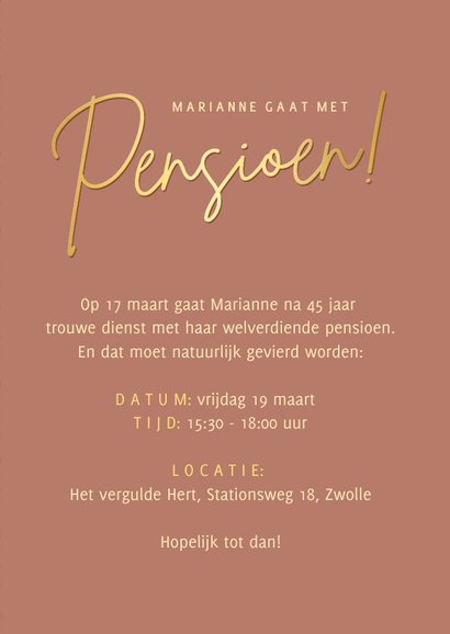 Stijlvolle zalmroze uitnodiging pensioenborrel of feest 3