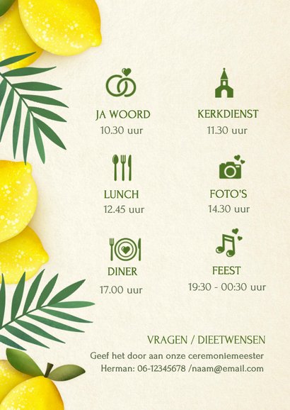 Stijlvolle zomerse trouwkaart - uitnodiging met citroenen 2