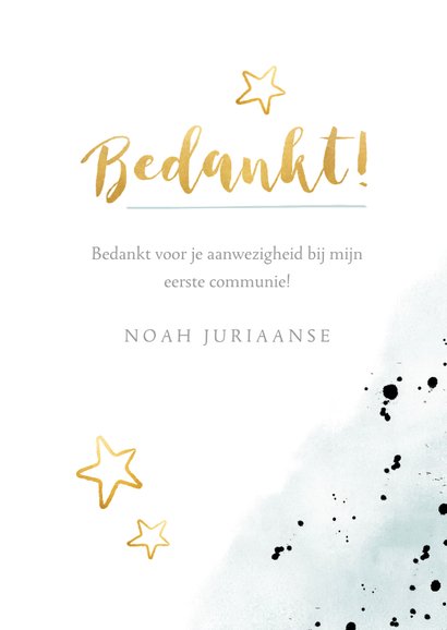 Stoer bedankkaartje communie waterverf met verfspatters 3