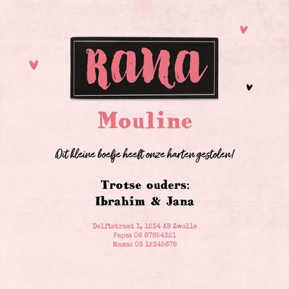 Stoer geboortekaartje boefje meisje baby roze polaroid 3