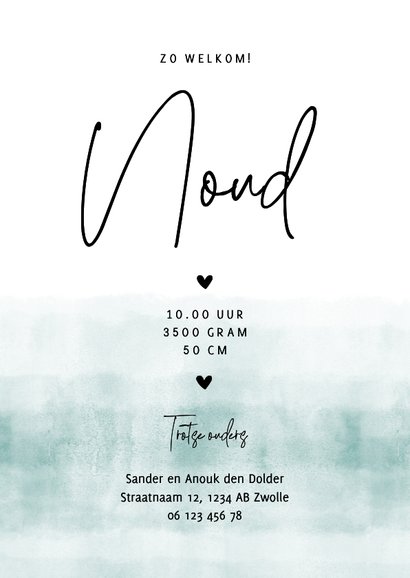 Stoer geboortekaartje met blauwgroene waterverf 3