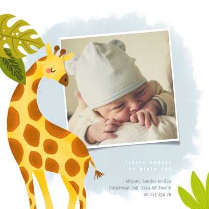 Stoer geboortekaartje met giraffe, plantjes en waterverf 2