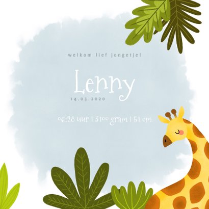 Stoer geboortekaartje met giraffe, plantjes en waterverf 3