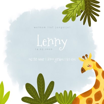 Stoer geboortekaartje met giraffe, plantjes en waterverf 3