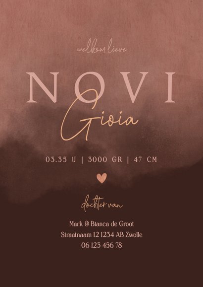 Stoer geboortekaartje met roze waterverf en koperfolie 3