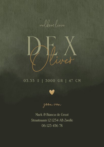 Stoer geboortekaartje waterverf groen en goudfolie 3