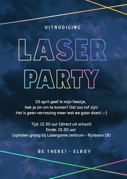 Stoer lasergame uitnodiging feestje met holografische folie 3