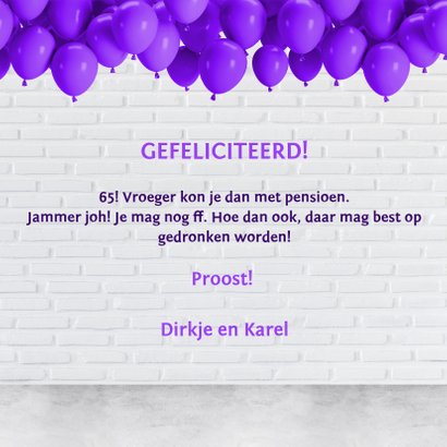 Stoere industriële kaart met 65 in paarse neon cijfers 3