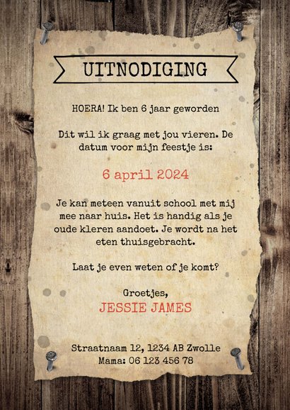 Stoere uitnodiging kinderfeestje met cowboy thema 3