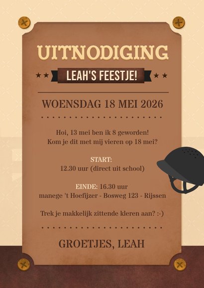 Stoere uitnodiging kinderfeestje paardrijden met lief paard 3