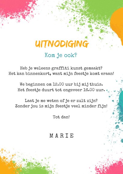 Stoere uitnodiging verjaardag meisje graffiti verf foto 3