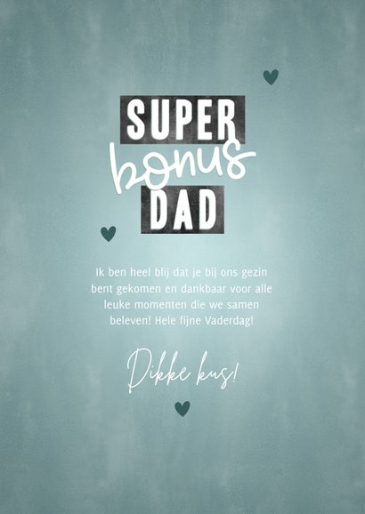 Stoere Vaderdag kaart "Super Bonus Dad" bliksem en hartjes 3
