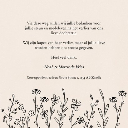 Subtiel rouwkaartje bedankt met bloemetjes sterrenkindje 3