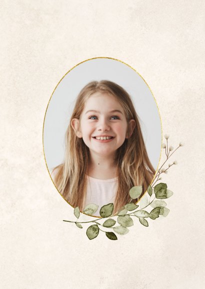 Tafelkaartje communiefeest eucalyptus zand stijlvol natuur 2