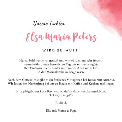 Taufeinladung rosa Wasserfarbe mit Foto und Herzchen 3