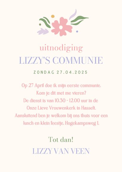 Trendy communie uitnodiging meisje met pastel bloemen 3